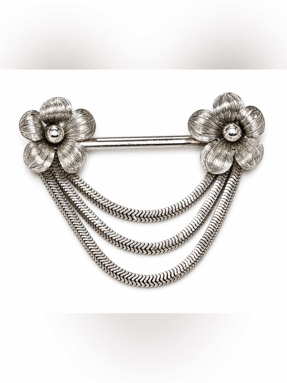Vintage Floral Sweater Guard Brooch Silver Tone Triple Chain Drape Mid Century